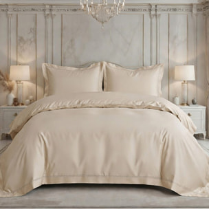 Parure housse de couette satin coton 120 fils brodé unie beige