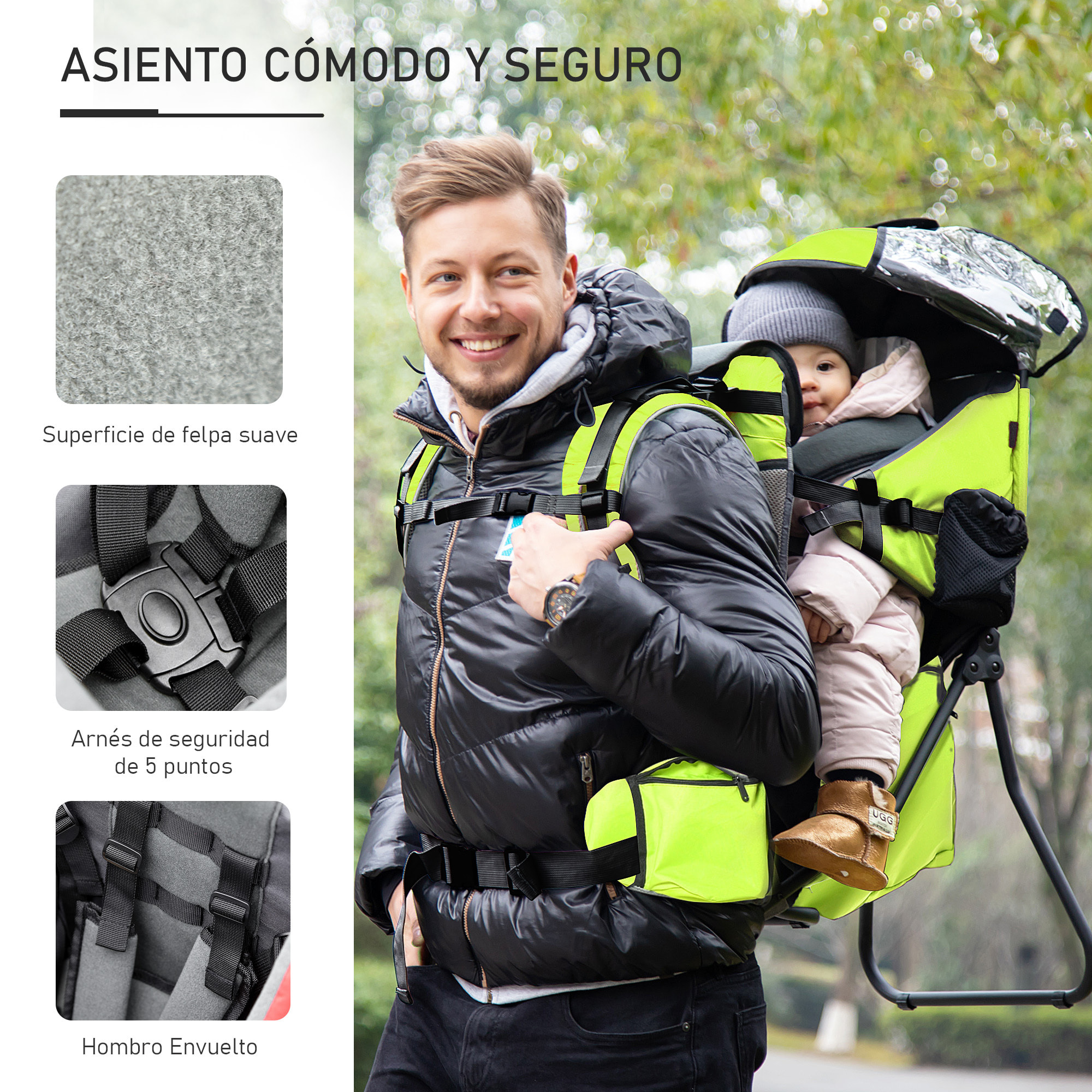 Mochila Portabebés Plegable Portador de Bebé con Techo Impermeable Base de Soporte y Múltiples Bolsillos para 6-36 Meses Carga 15 kg 38x77x87,5 cm Verde Claro