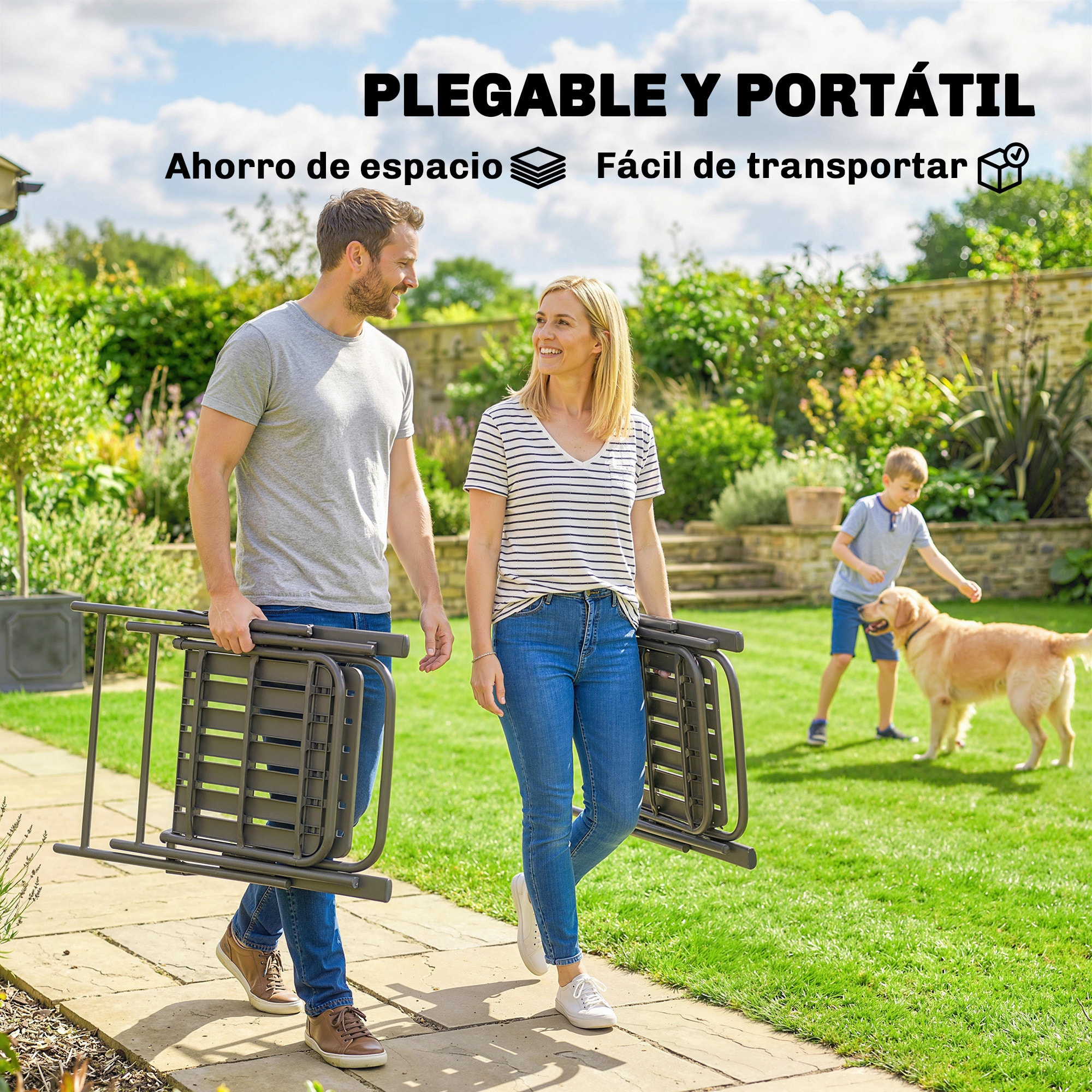 Juego de 4 Sillas de Jardín Exterior Plegables, Sillas Terraza Exterior con Reposabrazos, Respaldo y Asiento de PP, Marco Metálico, 55x63x93 cm, Marrón