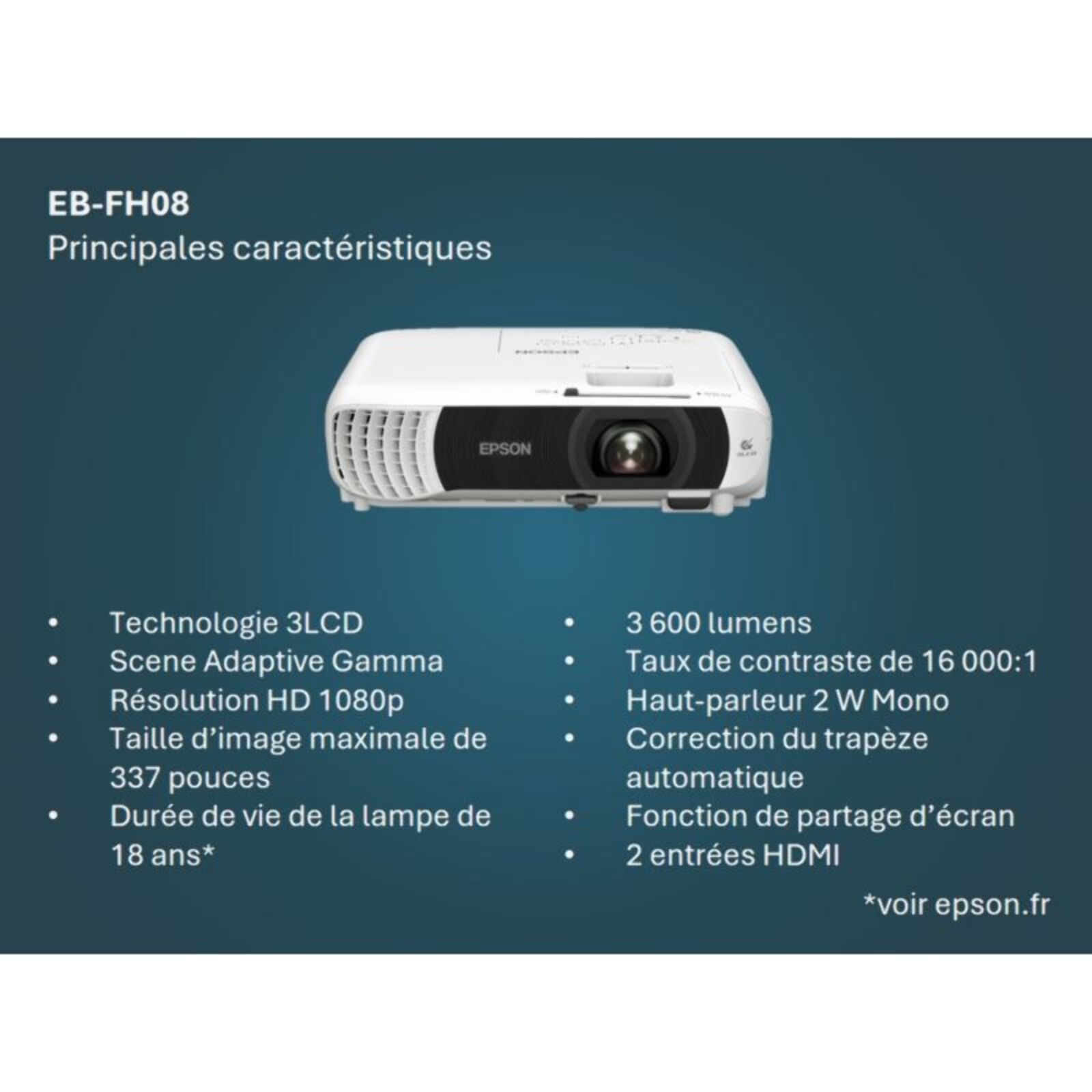 Vidéoprojecteur home cinéma EPSON EB-FH08 - Full HD 1080p - 3600 lumens - 3LCD