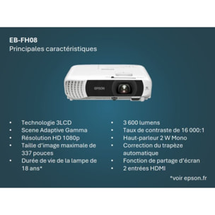 Vidéoprojecteur home cinéma EPSON EB-FH08 - Full HD 1080p - 3600 lumens - 3LCD