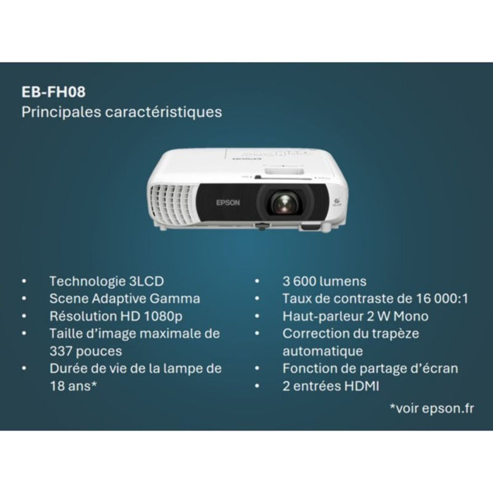 Vidéoprojecteur home cinéma EPSON EB-FH08 - Full HD 1080p - 3600 lumens - 3LCD