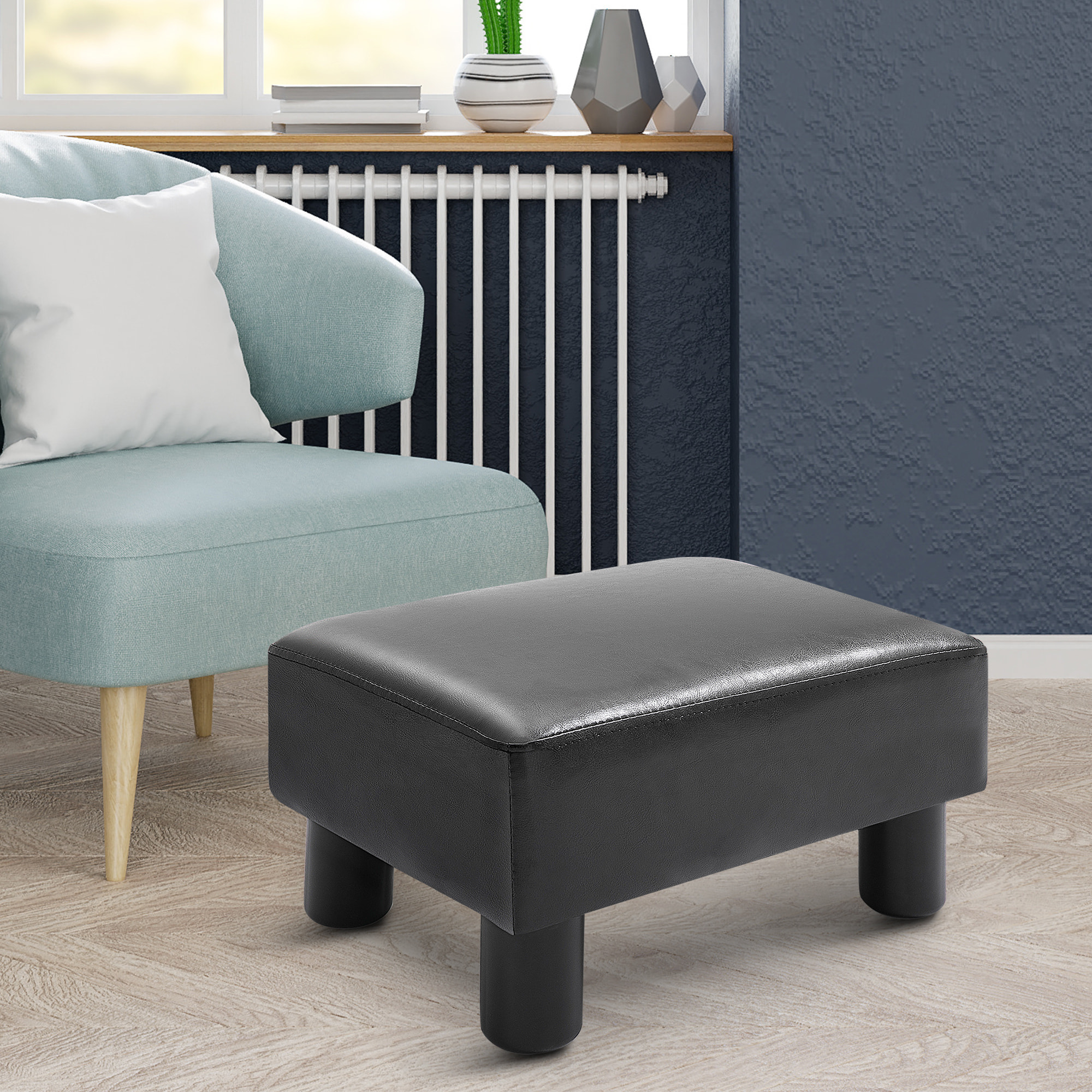 Reposapiés de Salón Taburete Bajo Tapizado en Cuero Sintético Otomana Rectangular con Estructura de Plástico para Sala de Estar Dormitorio Negro