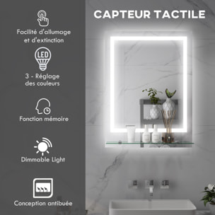 Miroir lumineux LED 29W antibué réglable interrupteur tactile étagère intégrée 50L x 14P x 70H cm