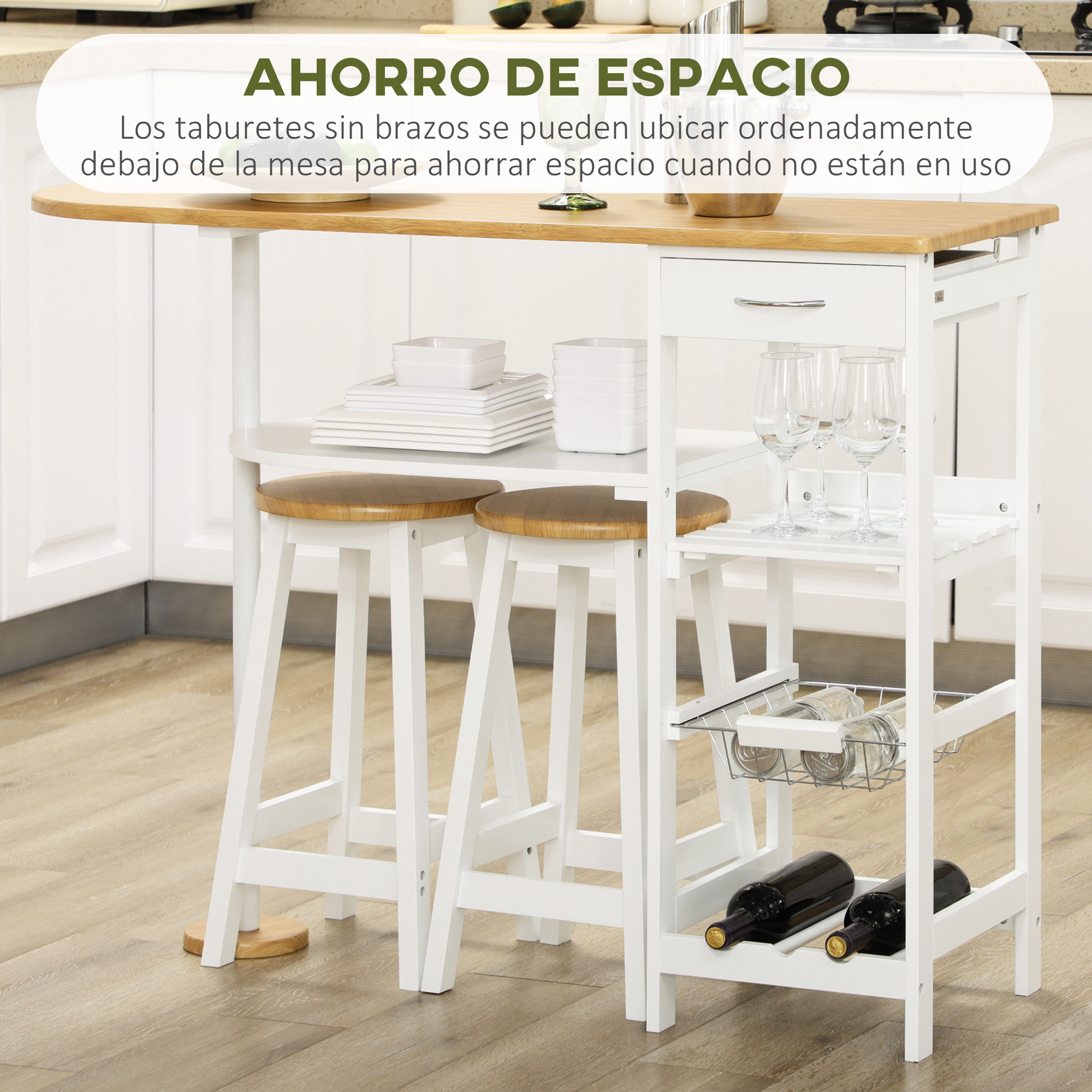 Juego de Muebles Altos con Mesa y 2 Taburetes con 1 Cajón 2 Estantes para Cocina