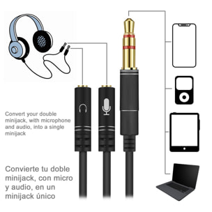 Convertitore splitter da doppio minijack femmina (microfono e altoparlante) a minijack maschio. Usa le cuffie per PC con microfono sul tuo smartphone e tablet.