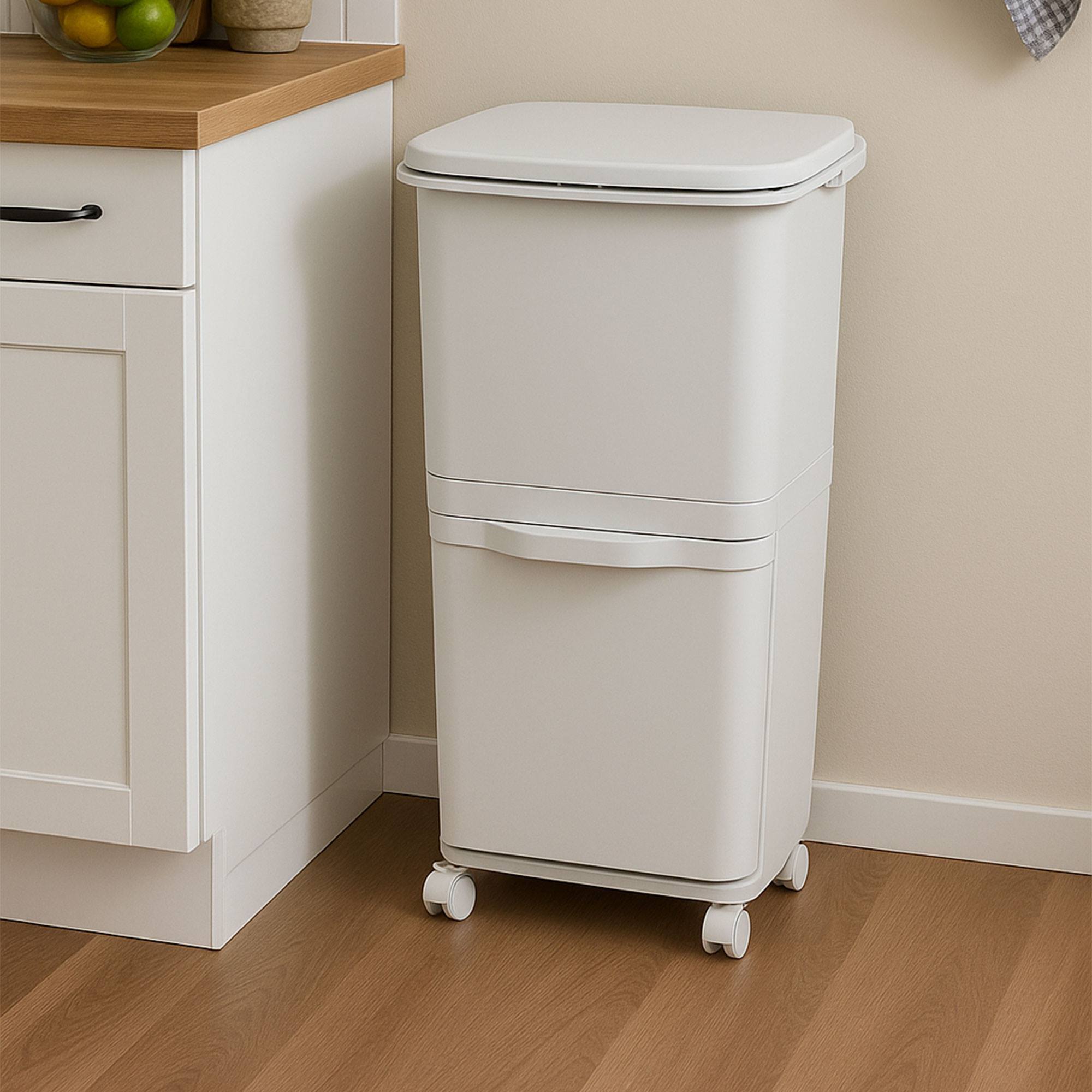 Papelera de reciclaje con 2 compartimentos de 24L + 14L, con pedal y ruedas, gris