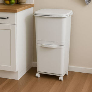 Papelera de reciclaje con 2 compartimentos de 24L + 14L, con pedal y ruedas, gris