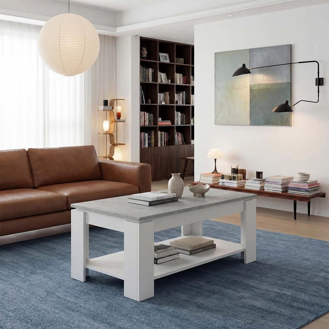 Mesa de centro elevable con almacenaje en blanco mate y gris cemento 102x43-54 cm Lya Blanco Artik (Blanco Mate) - Gris Cemento