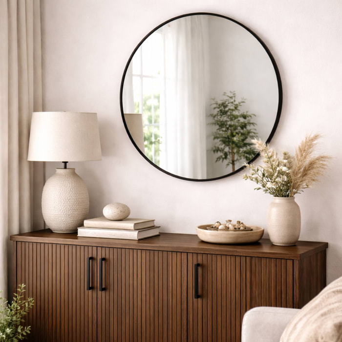 Espejo redondo 60cm marco de madera en acabado negro, con gancho trasero, ideal para recibidor o baño