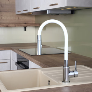 mitigeur cuisine à mémoire de forme, 2 types de jet mousseur ou douchette, courbe en silicone blanc (SIKOBSLPRO290B2F)