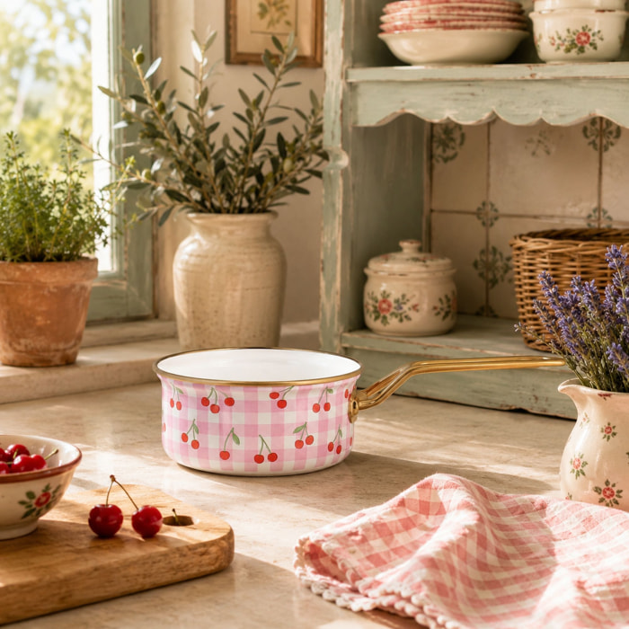 Casserole 16cm en acier émaillé avec motif cerise - tous feux VICHY