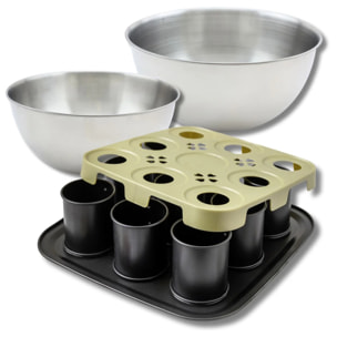 Set pâtisserie moule à gâteaux individuels 9 empreintes avec couvercle, 2 bols à mixer et 1 spatule Zenker