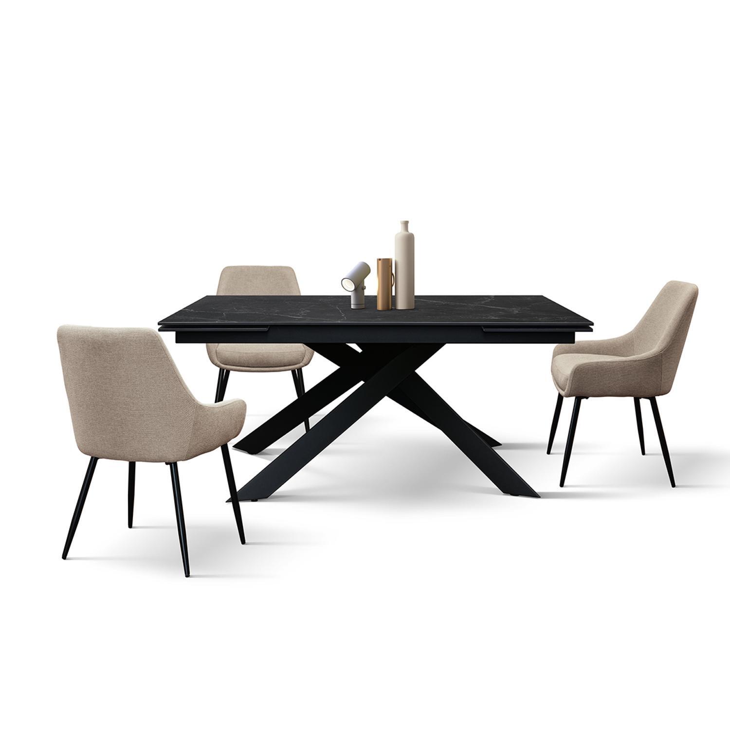 Tavolo CALVI in ceramica, effetto marmo nero e base in metallo verniciato nero, allungabile 160x90 cm-240x90 cm