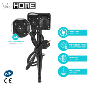 Pincho de Jardín con 4 enchufes alemanes (2+2) con cable de 1,5m y Protección infantil