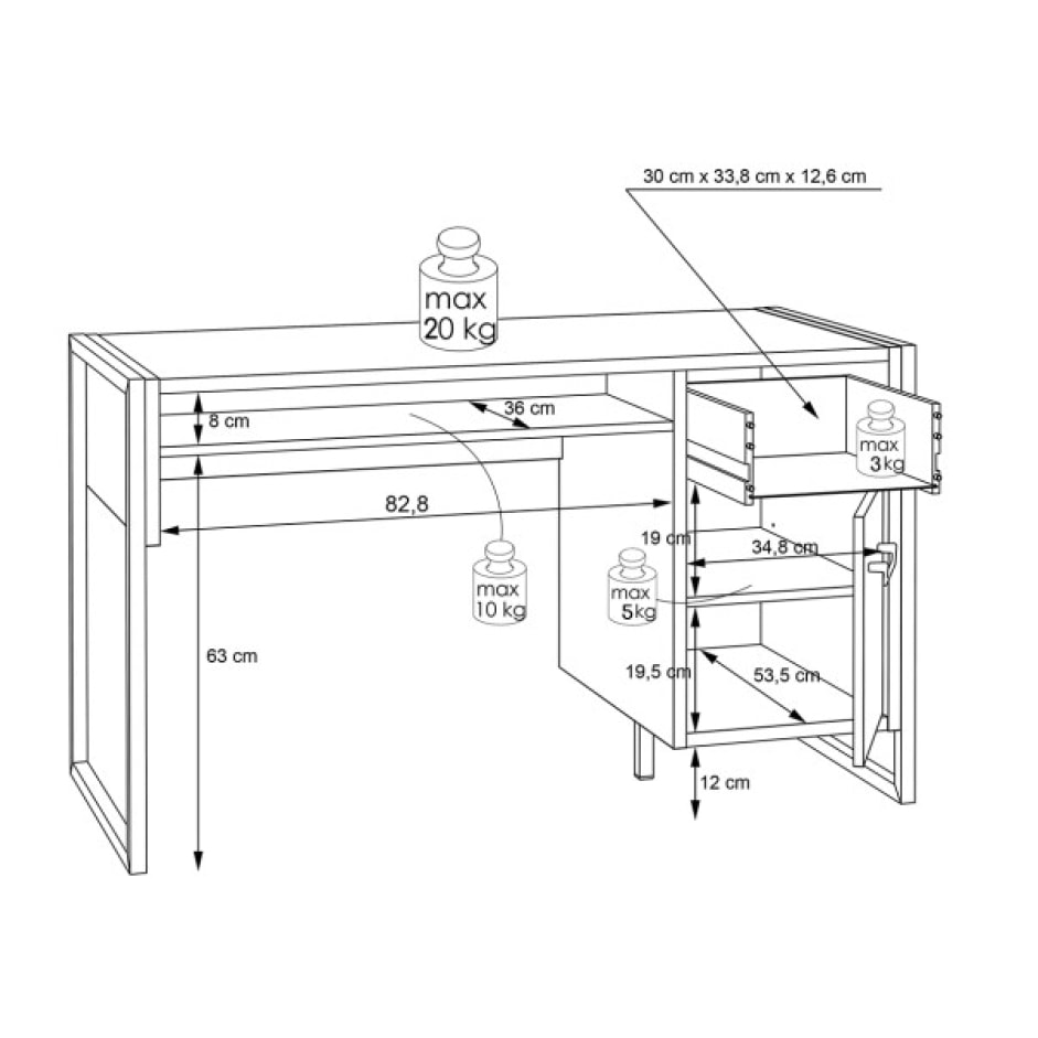 Petit bureau effet bois & métal noir 1 porte 1 tiroir L129cm - BUDDY