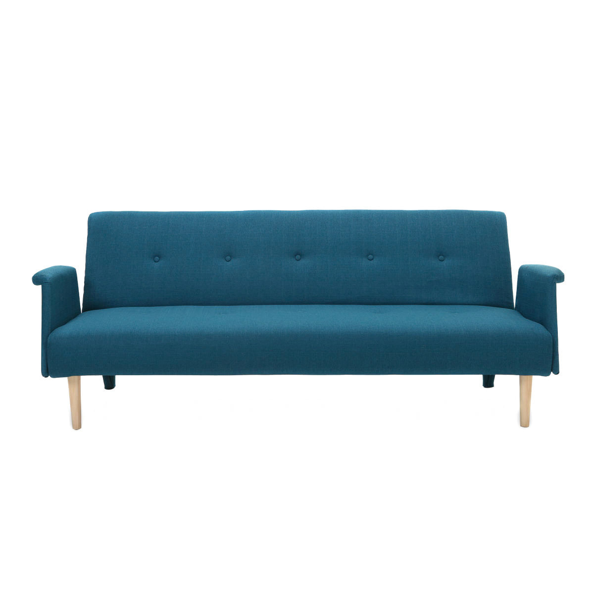 Canapé convertible scandinave 3 places en tissu bleu canard et bois clair OSCAR