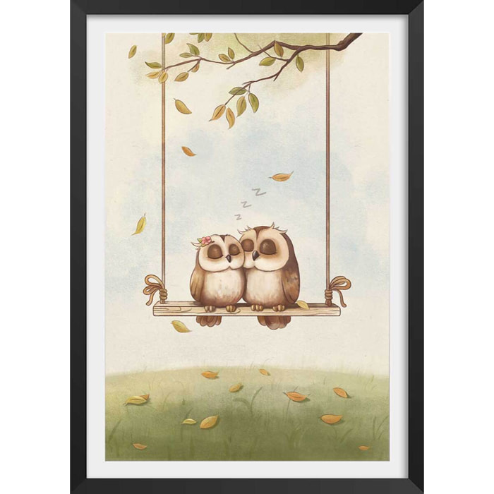 Affiche enfant hiboux amoureux  Affiche + cadre en bois - Noir