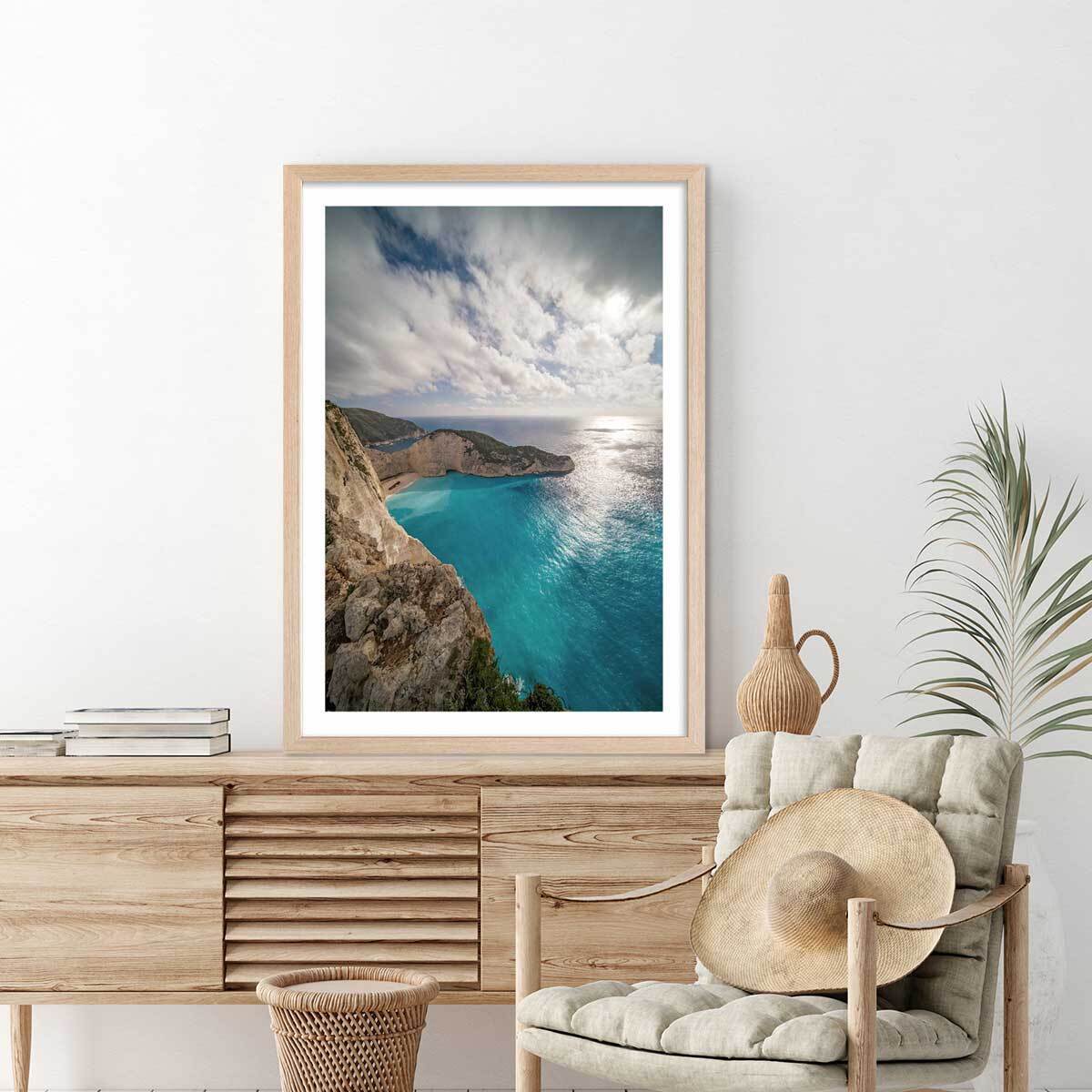 Poster bleu méditerranéen Affiche + cadre en bois - Chêne