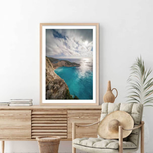 Poster bleu méditerranéen Affiche + cadre en bois - Chêne