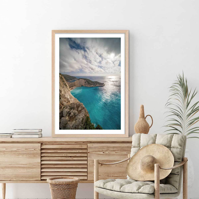 Poster bleu méditerranéen Affiche + cadre en bois - Chêne