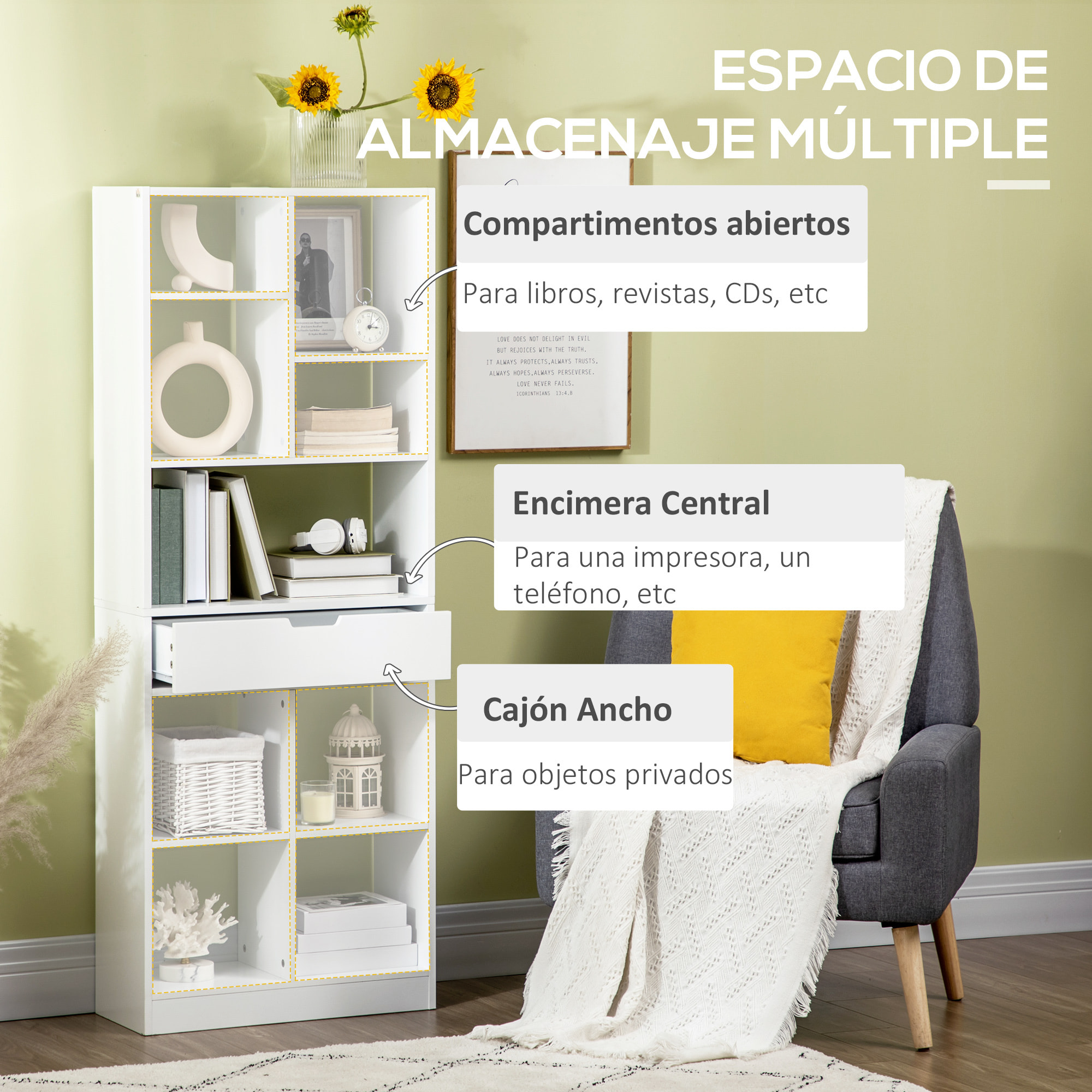 HOMCOM Estantería de Madera Estantería Librería con 1 Cajón y 9 Compartimientos de Almacenamiento Mueble Librería para Salón Oficina Estudio 60x26x158 cm Blanco