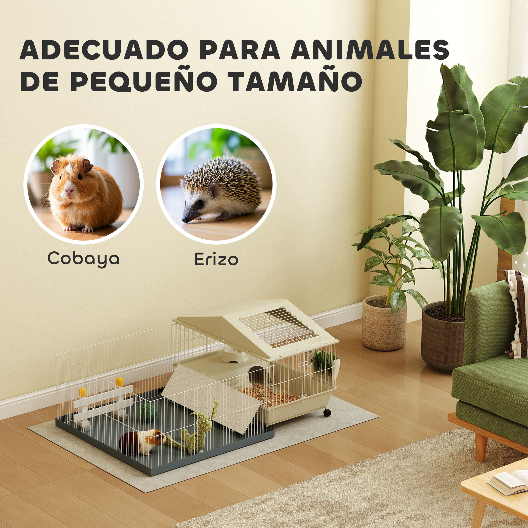 Jaula para Animales Pequeños con Corral Desmontable Jaula para Roedores con Ruedas Rampas Cuenco Botella de Agua y Dispensador de Heno 108x71x57 cm Beige