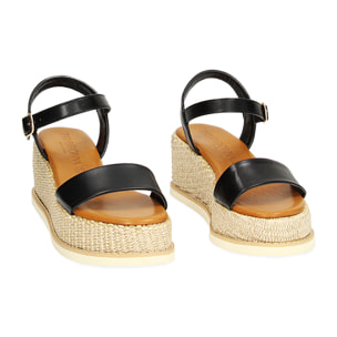 Zeppe nere, platform rafia 6,5 cm
