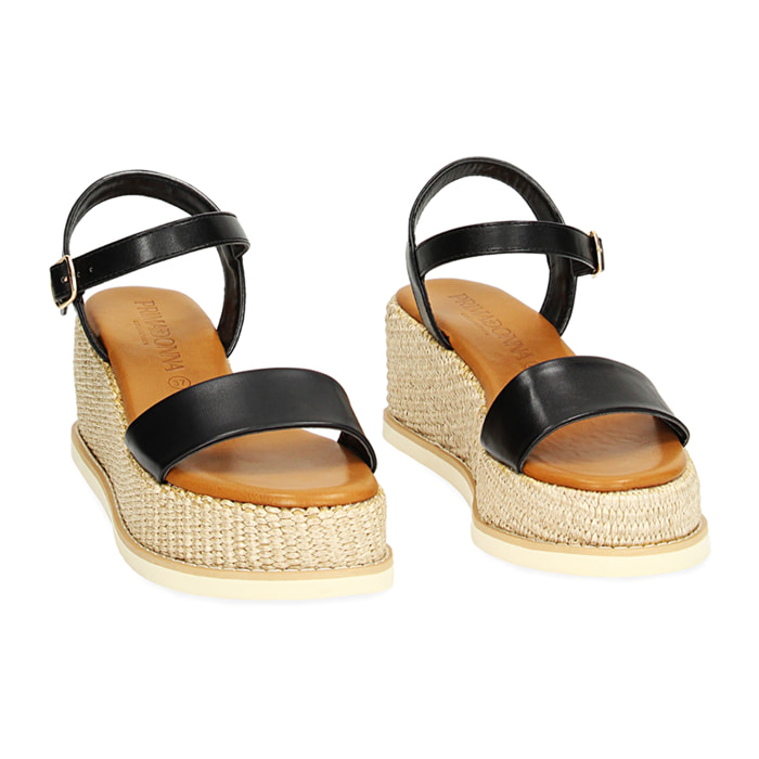 Zeppe nere, platform rafia 6,5 cm