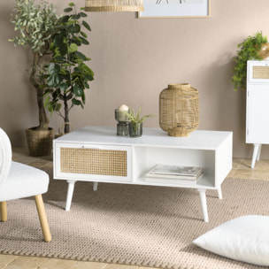 SANDRO - Table basse blanche 2 tiroirs 1 niche cannage naturel