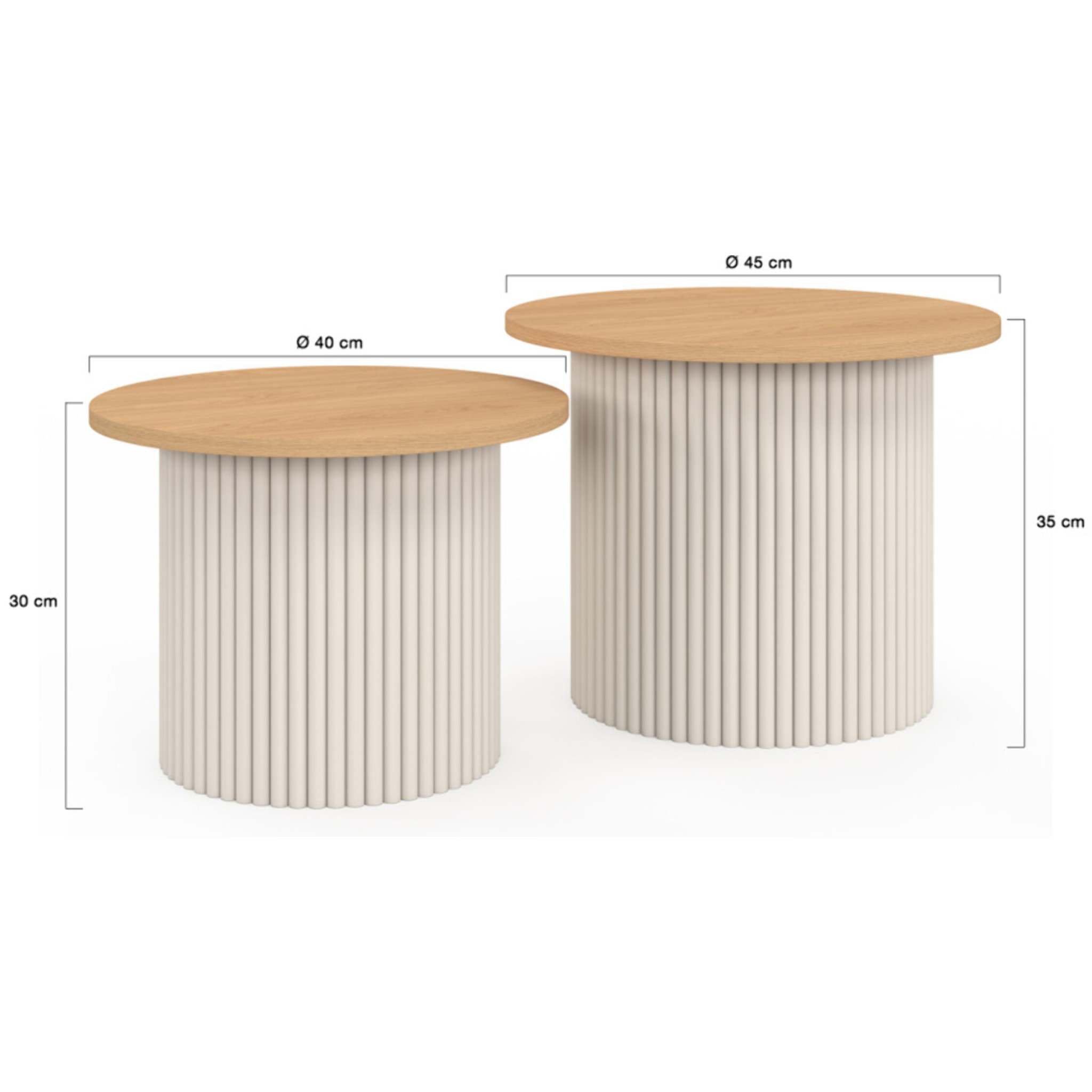 Tables basses rondes gigognes Kara beige effet cannelé - lot de 2