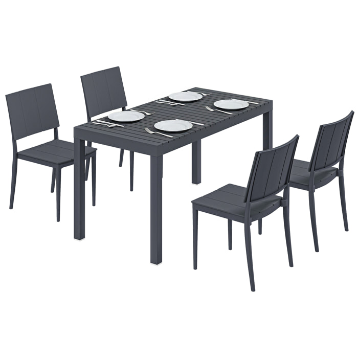 Conjunto de Mesa y Sillas Jardín de 5 Piezas, Muebles Jardín Exterior con Mesa de Tablero Ranurado, 4 Sillas Apilables, Marco Metálico para 4 Personas, para Patio, Terraza, Gris Oscuro
