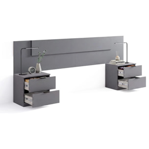 Cabecero para cama de 135-150 cm y 2 mesitas con cajones en gris grafito Akari Gris Grafito