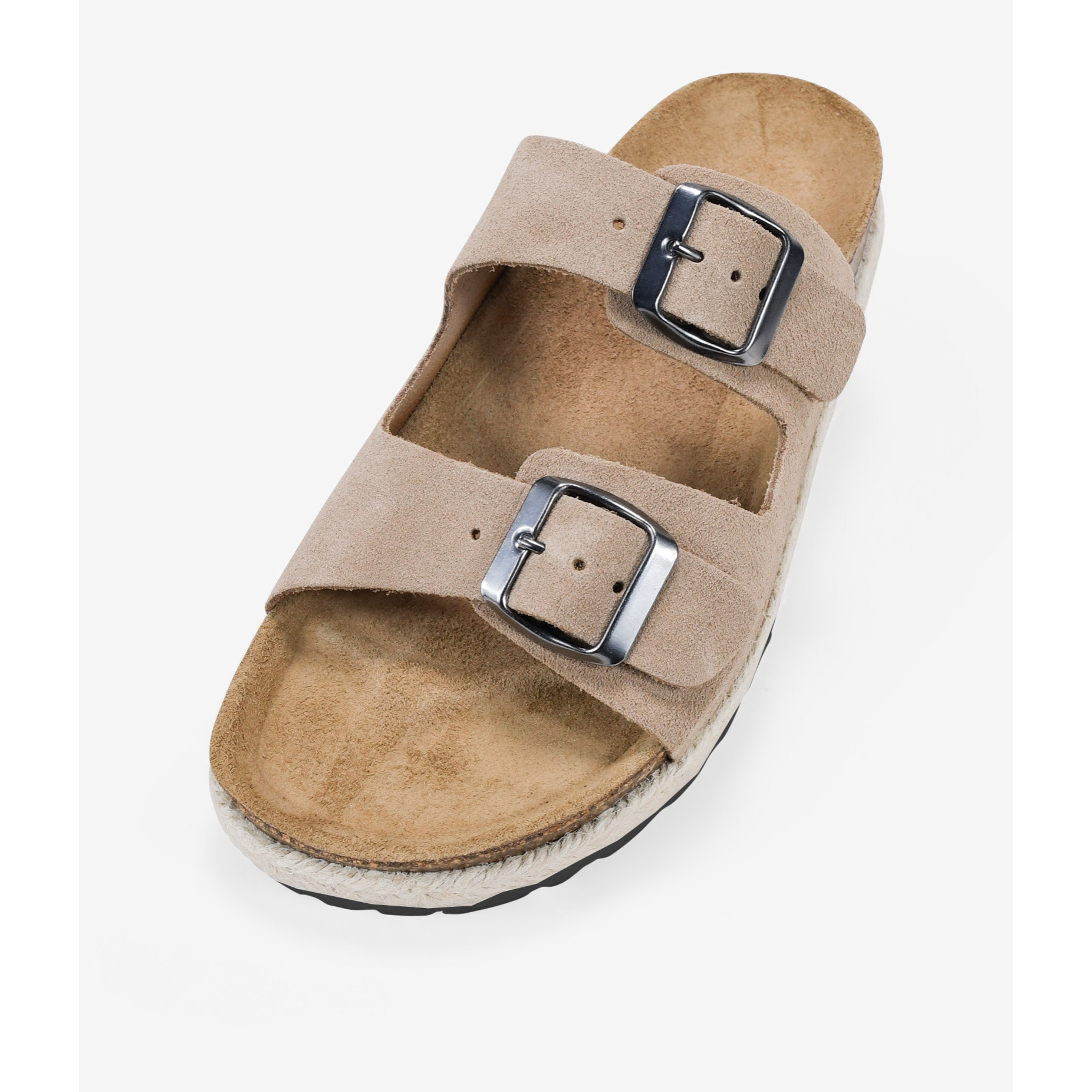 Sandalias planas serraje piel taupe con suela de corcho