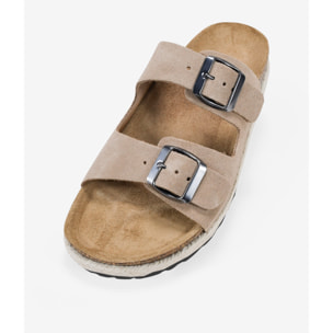 Sandalias planas serraje piel taupe con suela de corcho