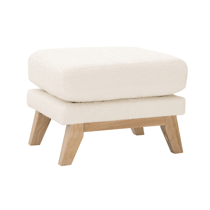 Pouf repose-pieds déhoussable scandinave en tissu effet laine bouclée blanc cassé et bois clair OSLO