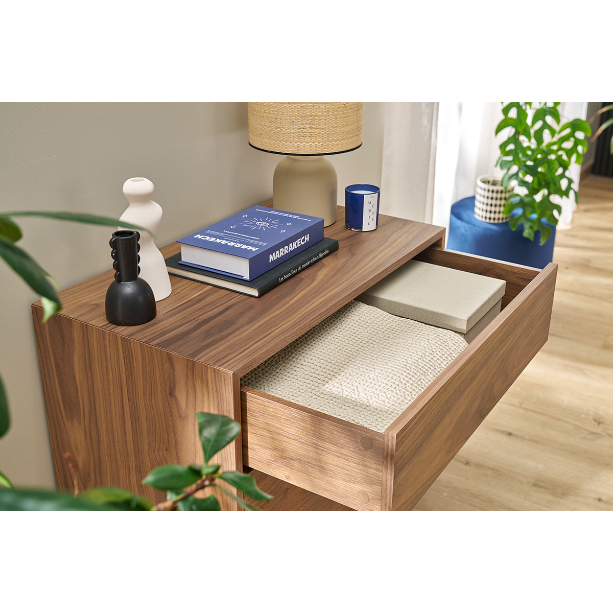 Commode vintage en bois foncé noyer et métal noir 3 tiroirs L81 cm MANNY