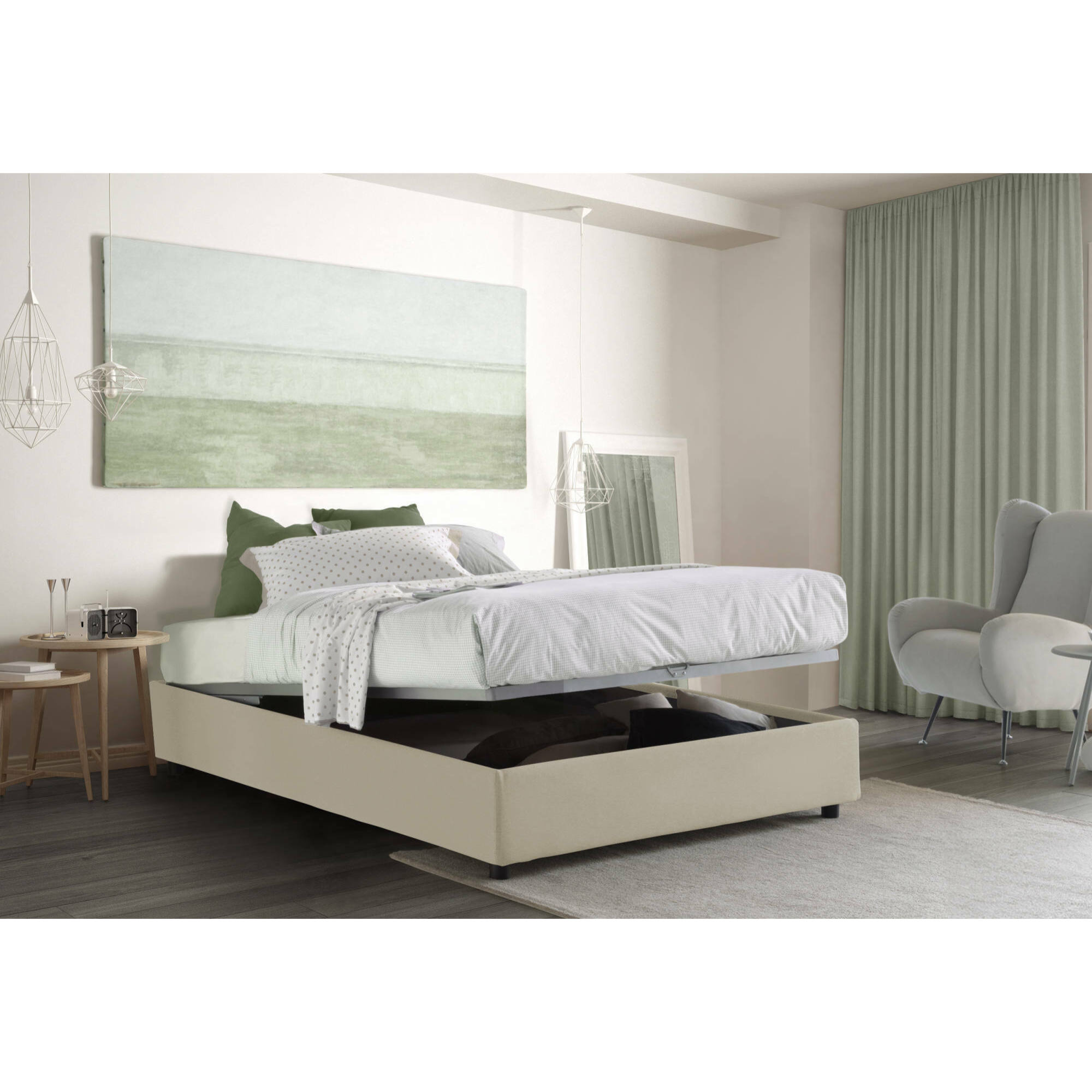 Letto alla francese Attilino, Letto contenitore in tessuto, Apertura frontale, adatto per materasso Cm 140x190, 100% Made in Italy, Beige