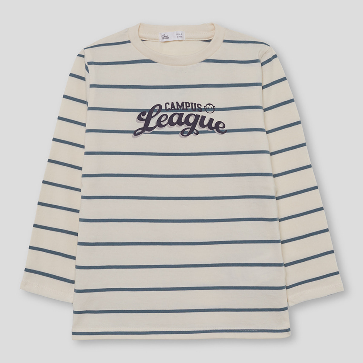 Camiseta niño crudo de manga larga de rayas finas, estampado Campus League, cómoda y casual | Color: Crudo | Street Monkey