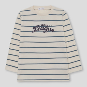 Camiseta niño crudo de manga larga de rayas finas, estampado Campus League, cómoda y casual | Color: Crudo | Street Monkey