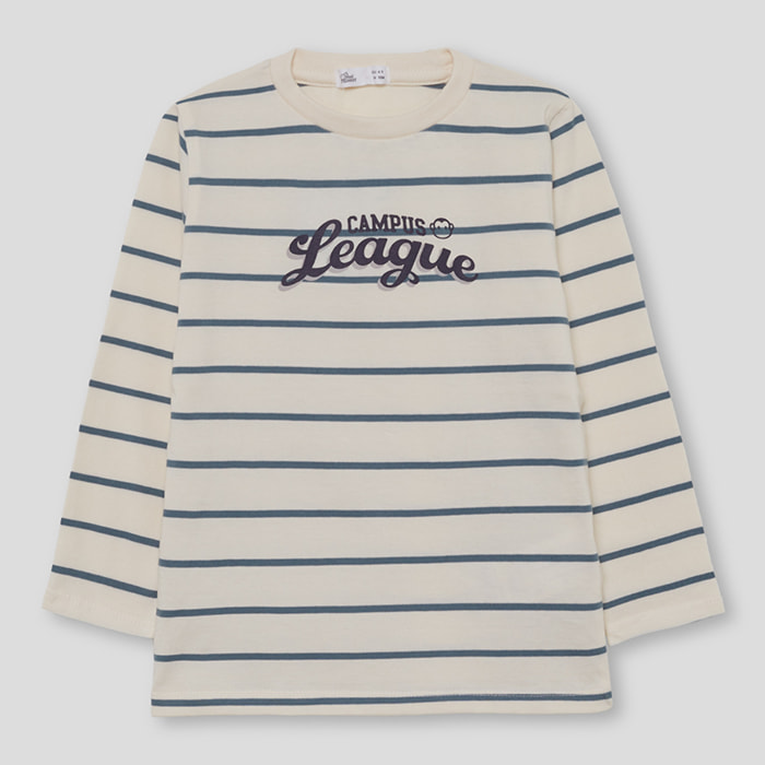Camiseta niño crudo de manga larga de rayas finas, estampado Campus League, cómoda y casual | Color: Crudo | Street Monkey