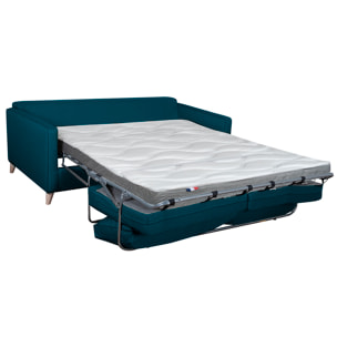 Canapé convertible scandinave 3 places en tissu bleu canard et bois clair avec matelas 10 cm PAPEL