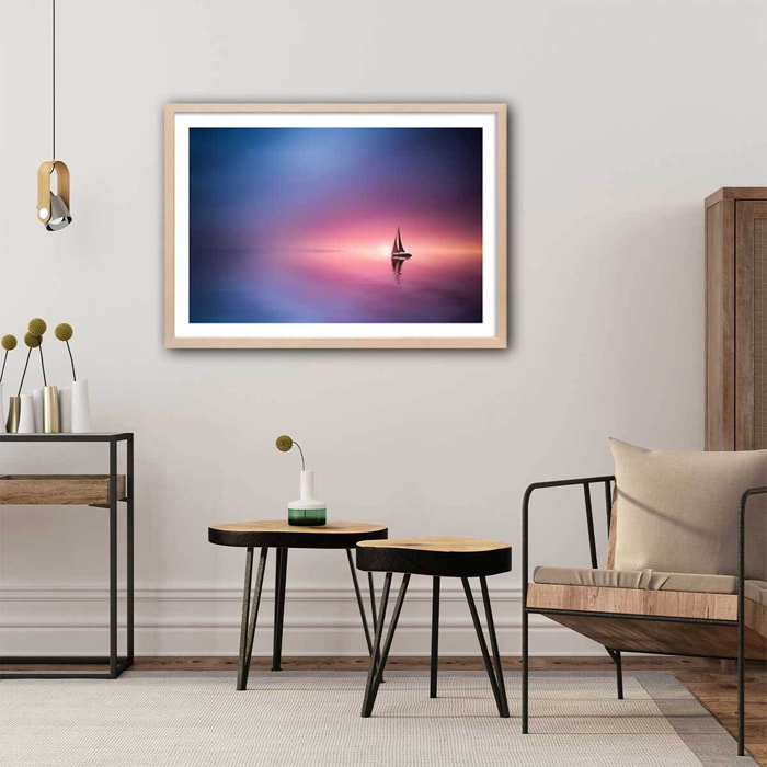 Poster navigation sous le sunset Affiche + cadre en bois - Chêne