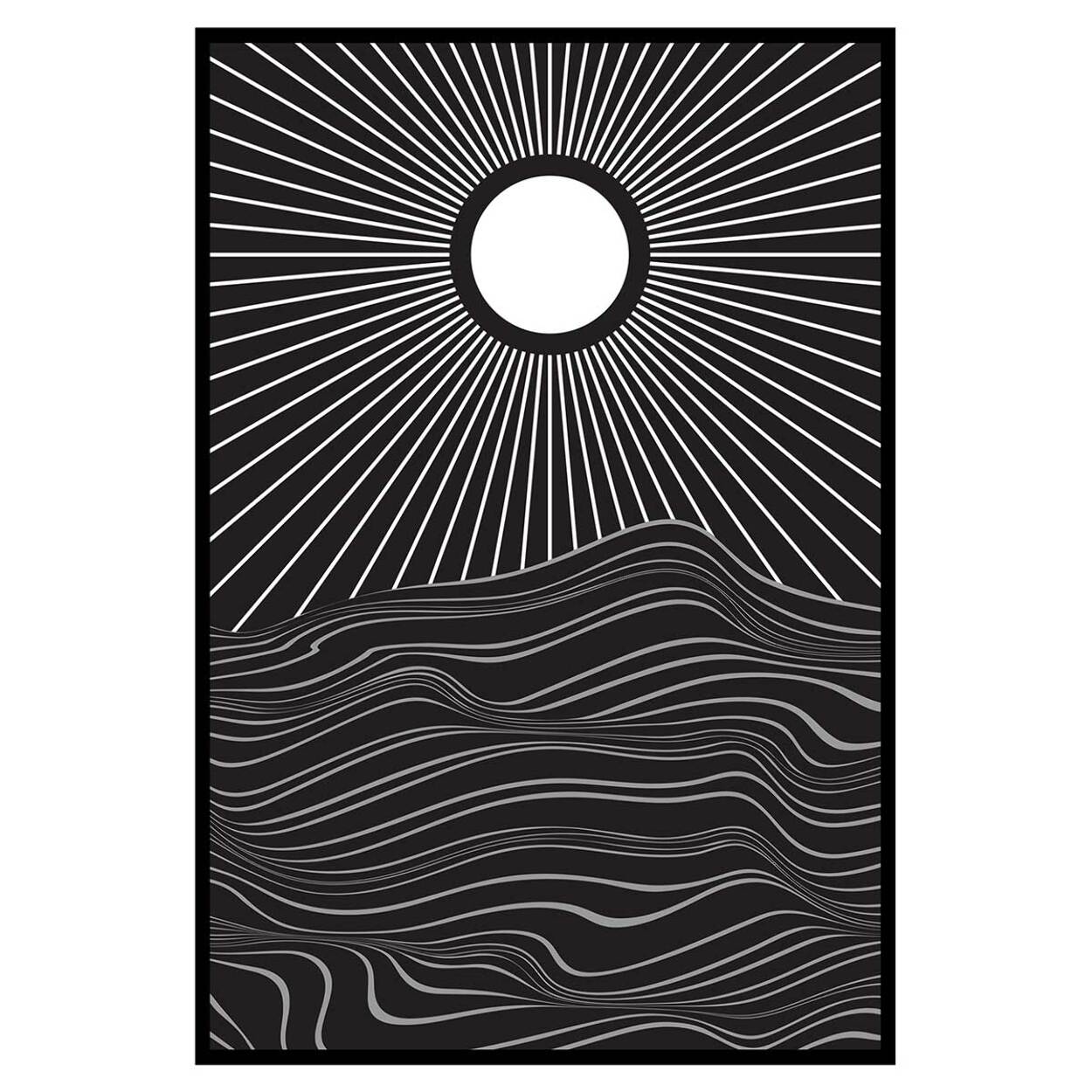 Affiche encadrée abstraite soleil lignes noires Affiche + cadre en métal - Noir