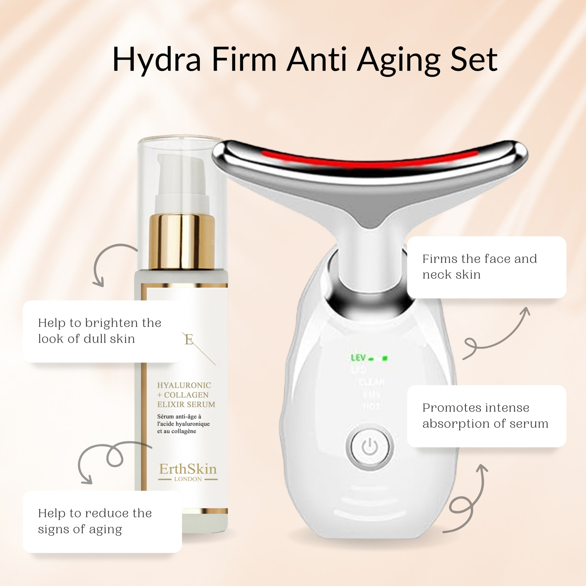 Set antiedad Hydra Firm (masajeador facial y de cuello - blanco con suero de ácido hialurónico)