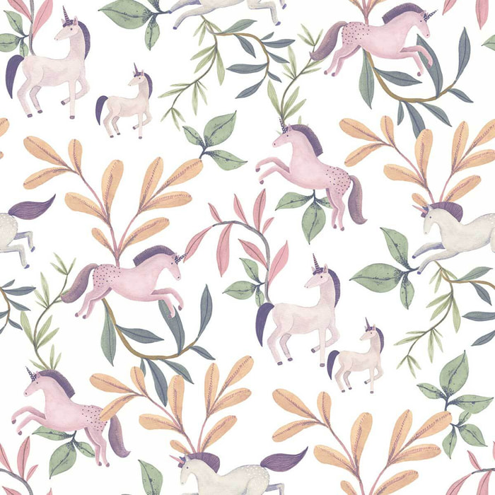 Papier peint licornes roses feuillages colorés