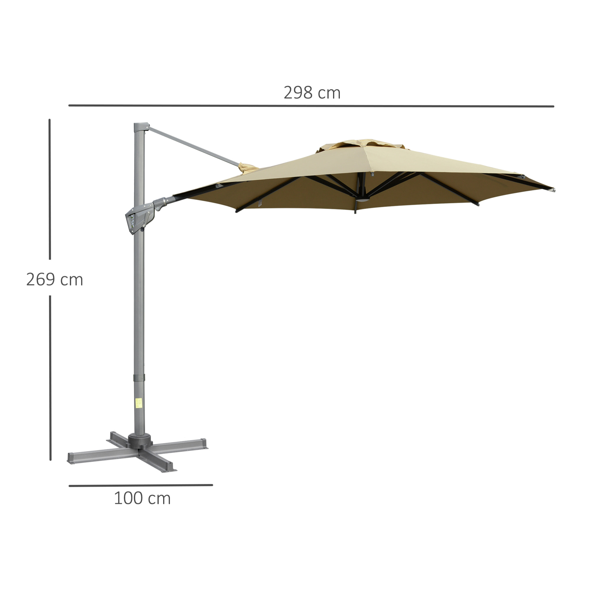 Parasol déporté octogonal inclinable pivotant 360° manivelle dim. 3L x 3l x 2,5H m alu. acier époxy polyester kaki