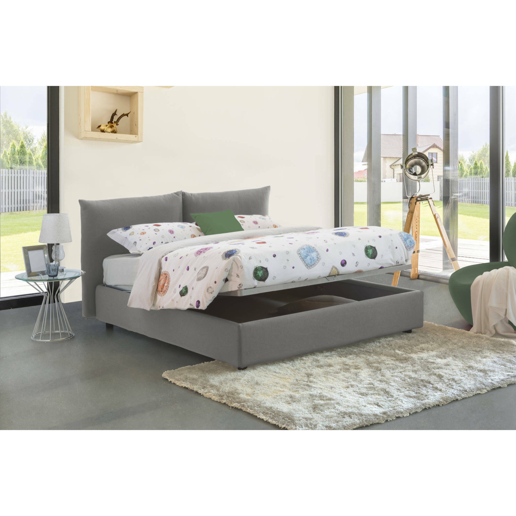 Letto matrimoniale Gabriella, Letto contenitore con rivestimento in tessuto, 100% Made in Italy, Apertura frontale, adatto per materasso Cm 160x200, Grigio