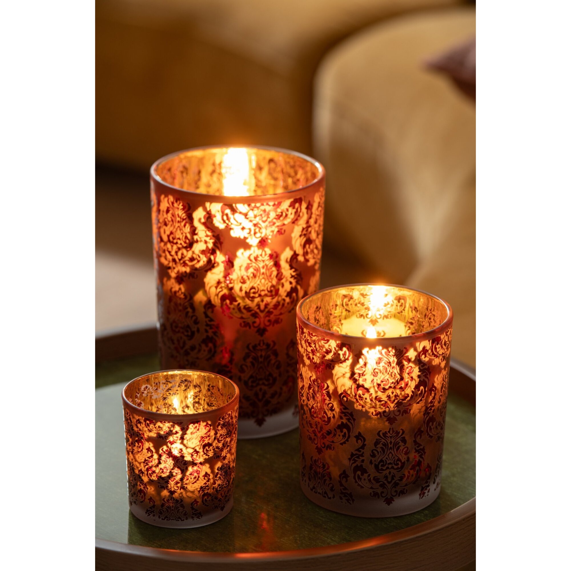 J-Line photophore fleurs - verre - bordeaux/corail - large - set de 2