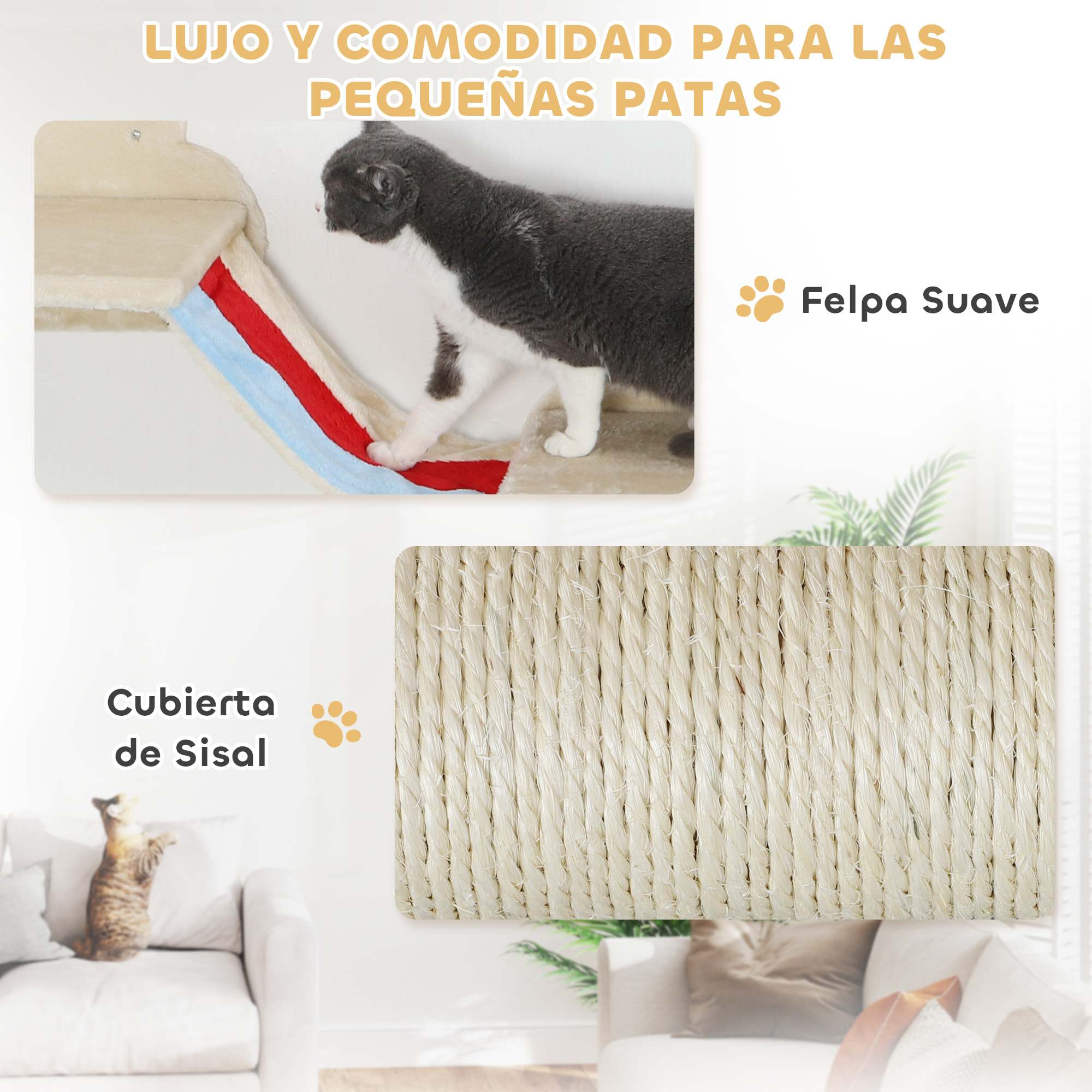 Juego de Pared de Escalada para Gatos de 6 Piezas Tema Cielo Estanterías para Gatos con Hamacas Plataformas Escaleras Tabla Rascador Poste de Sisal Estrellas de Juguete Beige